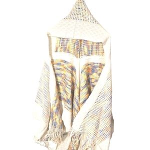 Pashmina Woven Knit Hooded Shawl Scarf White/ Multicolor Poncho